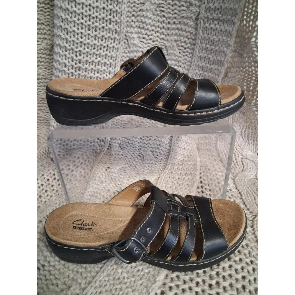 Clarks Collection Black Leather Adjustable Womens Slip-On Sandals Size 8M